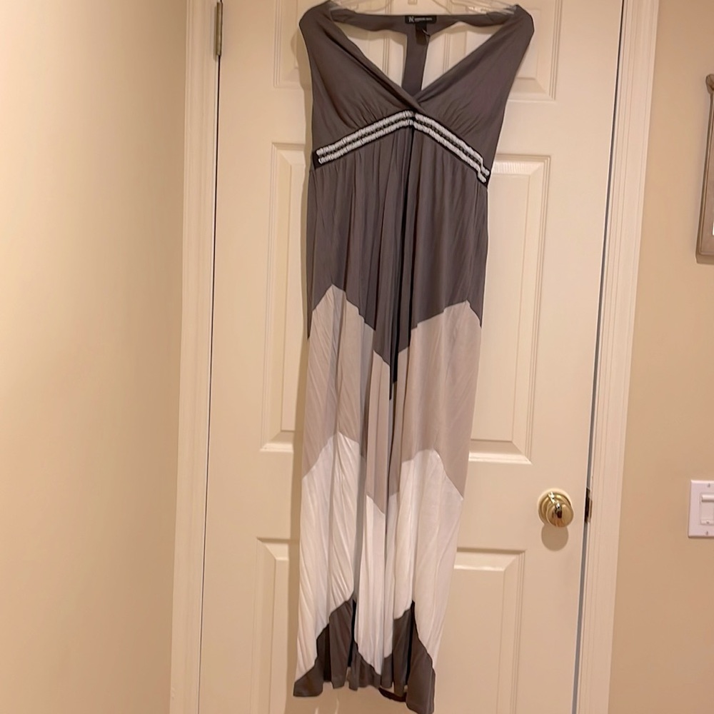 INC grey/taupe  tan white maxi dress